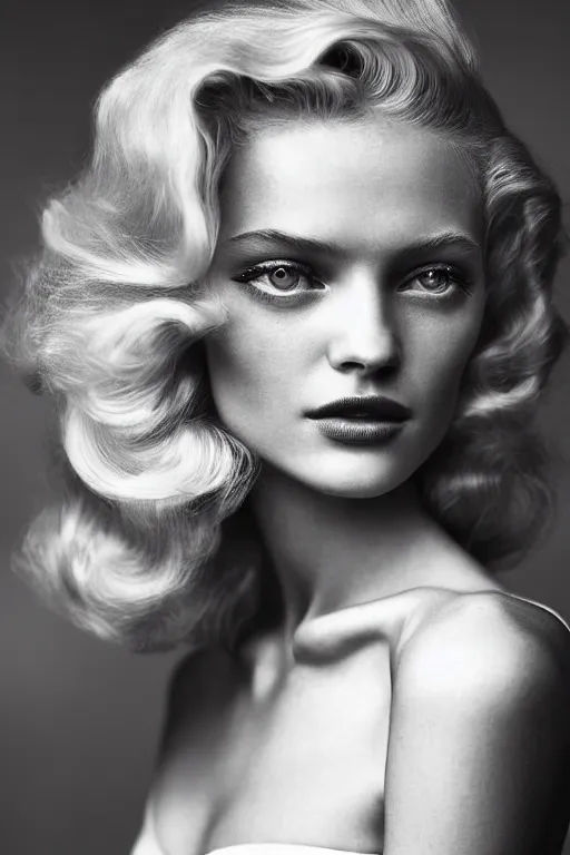 Prompt: stunning award - winning portrait by peter lindbergh of a beautiful young feminine blonde woman with delicate features. vintage hollywood glamour. long shiny wavy glam hair. retro hollywood curls. long hair. fashion makeup. vogue. fashion photography. sharp focus. canon 5 0 mm.