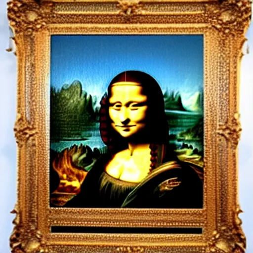 Prompt: Mona Lisa eating fried chicken, a painting by Leonardo da Vinci