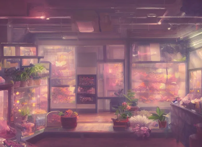 Image similar to bright cheery placid pastel deep cozy moody cluttered painterly fluffy tiny cramped live pet store, aisles of aquariums, slanted ceiling, tiny space, particulate, trending on pixiv