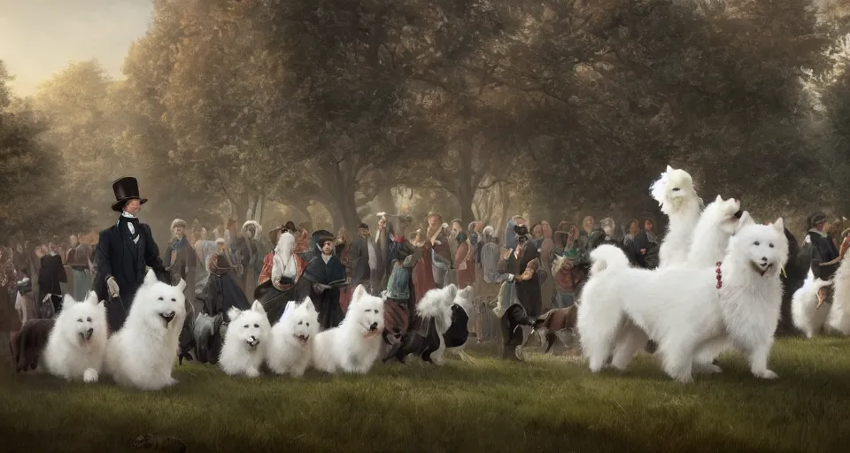 Prompt: the great victorian samoyed parade, beautiful, soft lighting, artstation, storybook,