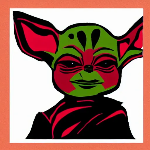 Image similar to abstract logo drawing of black and red baby yoda with black background, high contrast, 4k