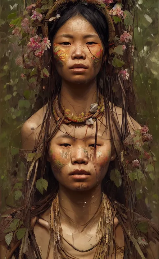 Image similar to detailed portrait of a tribal woman with asian eyes and thick lip forest girl, flowers and trees, by ismail inceoglu dragan bibin hans thoma greg rutkowski alexandros pyromallis nekro rene maritte illustrated, perfect face, fine details, realistic shaded, fine - face, pretty face