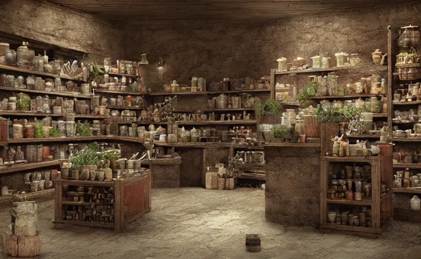 Image similar to an herbalist shop, adobe wall, a simple brick counter in the center, simple wood shelves, lots of jars and boxes of herbs, dark fantasy matte painting in the style of ruan jia and craig mullins
