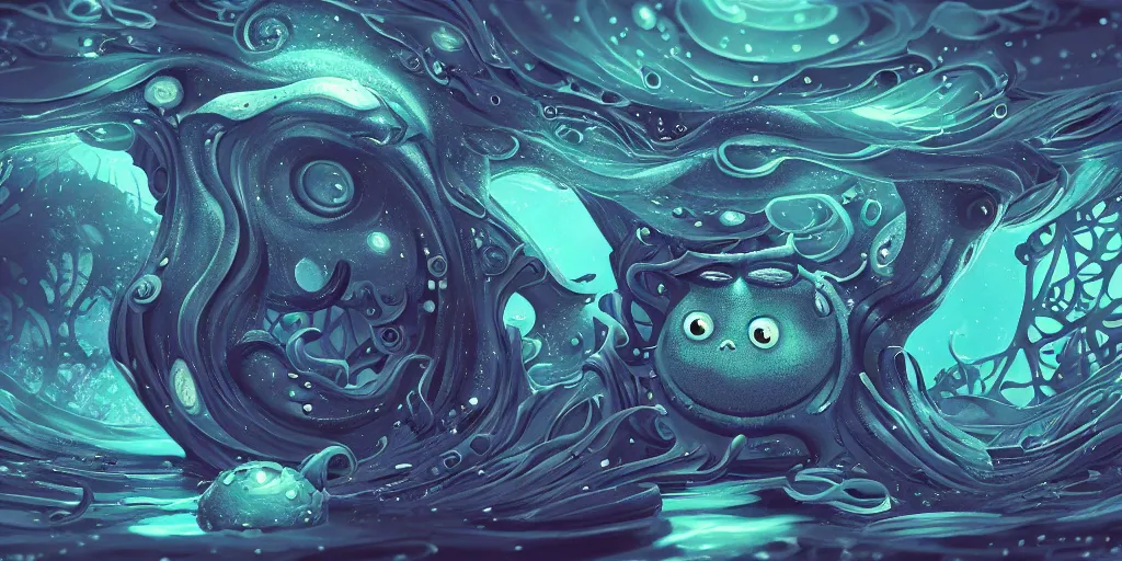 Image similar to of an intricate deep sea with strange cute friendly happy creatures with huge eyes, long tongue, round teeth and goofy funny face, appearing from the background, in the style of gehry and gaudi, macro lens, shallow depth of field, ultra detailed, digital painting, trending artstation, concept art, illustration, cinematic lighting, photorealism, epic, octane render