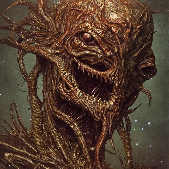 Image similar to space alien, slimy, glossy, sharp teeth, by h. r. giger, beksinski, nightmare fuel, nightmarish, intricate, highly detailed, optical illusion, stranger things demogorgon, volumetric lighting, flickering