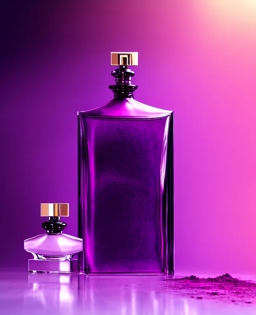 Image similar to close up shot of one premium perfume bottle containing purple liquid, the bottle is placed on a table, the bottle is in the middle of the scene, dust in the background, cinematic lighting!, spotlight, ultra detail, commercial, designer product, cinematic lighting, hd artstation, symmetrical, rendered, 4k