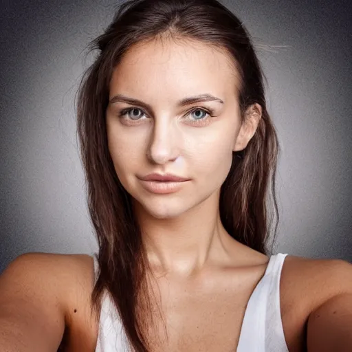 Image similar to portrait selfie of olive skinned female in her twenties wearing designer clothes, highly symmetrical, natural beauty, proportional