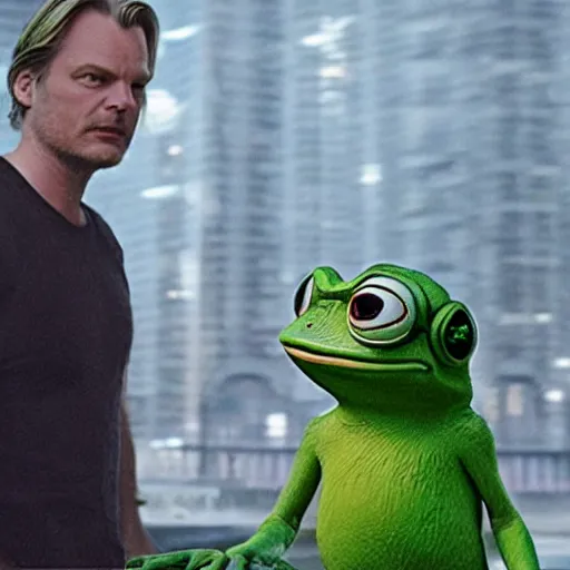 Prompt: pepe the frog in a movie directed by Christopher Nolan, movie still frame, promotional image, imax 70 mm footage