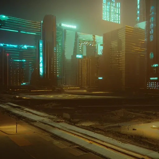 Image similar to octane render of a cyberpunk western, angular, beeple, earth tone color scheme, cgsociety