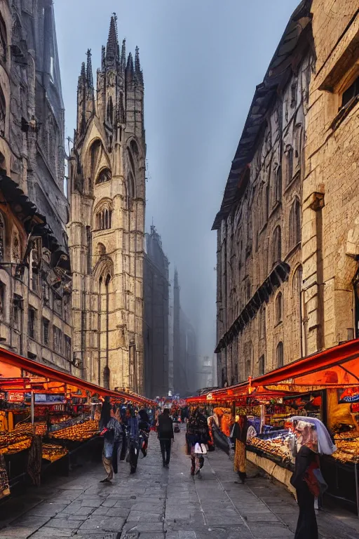 Image similar to a photo of a sprawling, medieval market in a huge city of large stonebuildings, tall towers and spires. Early morning, low hanging mist. Low camera angle. Wide lens.