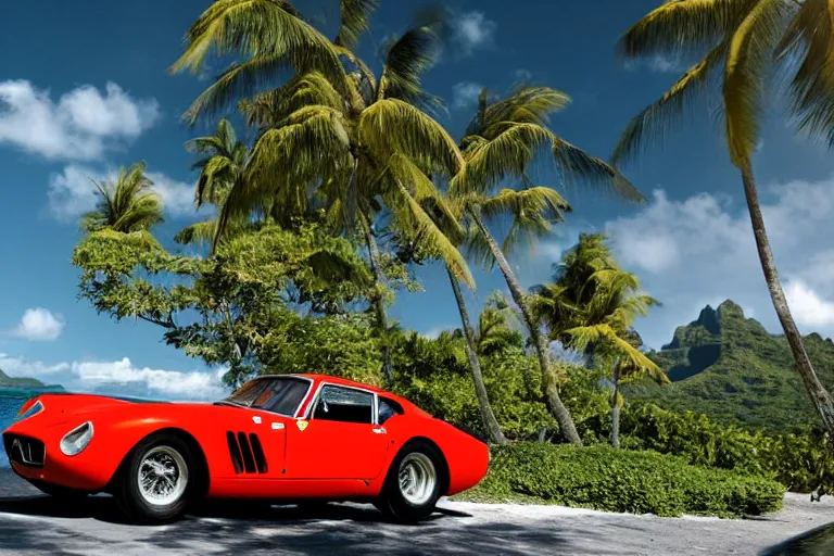 Image similar to cinematography of Ferrari 250 GTO series 2 in bora bora by Emmanuel Lubezki