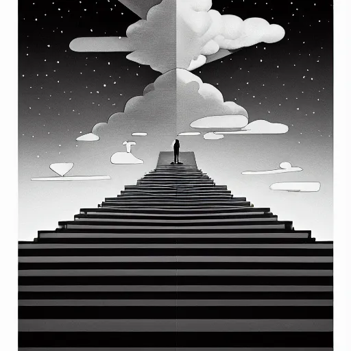 Image similar to A black and white freemasonic chequered surrealist digital painting of a stairway to into the clouds in the art style of jeff koons, Gilbert williams, Edwin Frederic Church and Christopher Balaskas, trending on artstation, 4k UHD