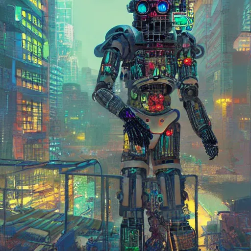 Prompt: extremely detailed realistic digital art render of a ciberpunk mayan robot in a cyberpunk city by night by James Jean y craig mullins street view render in unreal engine, ArtStation, CGSociety