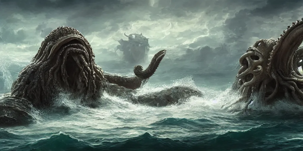 Prompt: Moses parting the sea to reveal a giant kraken lurking on the sea floor, epic, concept Art, detailed, 4K —n 4