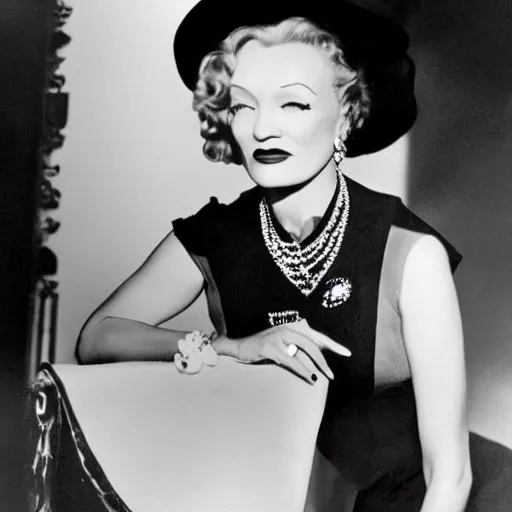 Image similar to Marlene Dietrich wearing black clothes and a black hat. Color.