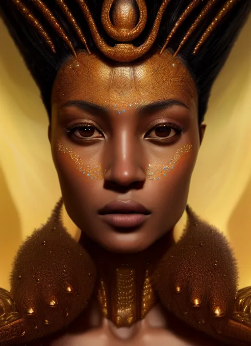 Prompt: portrait of queen, zoom, close - up, macro, fantasy, rule of thirds, atmosphere, intricate, brown skin, regal, octane render, 8 k, unreal engine, lumen, symmetrical!!, loreal, maybelline, sephora, loreal, artstation, art by karol bak cinematic, concept art, filmic, vsco