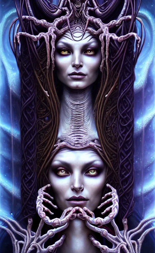 Image similar to A beautiful detailed alien goddess woman with 6 arms super dark tarot card, gorgeous model face by Stanley Artgerm, by tomasz alen kopera and Justin Gerard, 4 eyes, beautiful symmetrical features, ominous, magical realism, melting, texture, intricate, ornate, royally decorated, melting, whirling smoke, embers, purple adornments, blue torn fabric, radiant colors, fantasy, trending on artstation, volumetric lighting, micro details, 3d sculpture, ray tracing, 8k, anaglyph effect