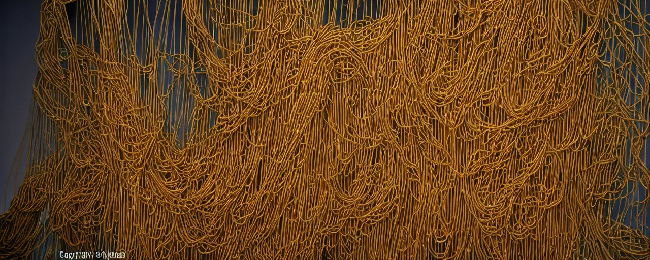 Image similar to famous sculpture made of spaghetti, at ny museum of modern art, in the style of damien hirst, kodachrome film, retro