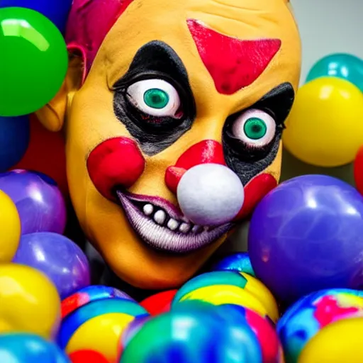 Image similar to creepy clown with colourful marbles and balloons, realistic, 8k, high quality, sharp