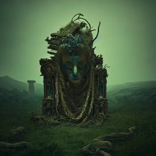 Image similar to ancient dead god being in desolate and lush landscape, moody :: by James Jean, Jeff Koons, Dan McPharlin Daniel Merrian :: ornate, dynamic, particulate, rich colors, intricate, elegant, highly detailed, centered, artstation, smooth, sharp focus, octane render, 3d