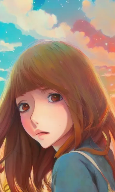 Prompt: a colorful scene of a girl with brown hair, anime, detailed background, female, portrait, trending on artstation, by studio ghibli and rossdraws