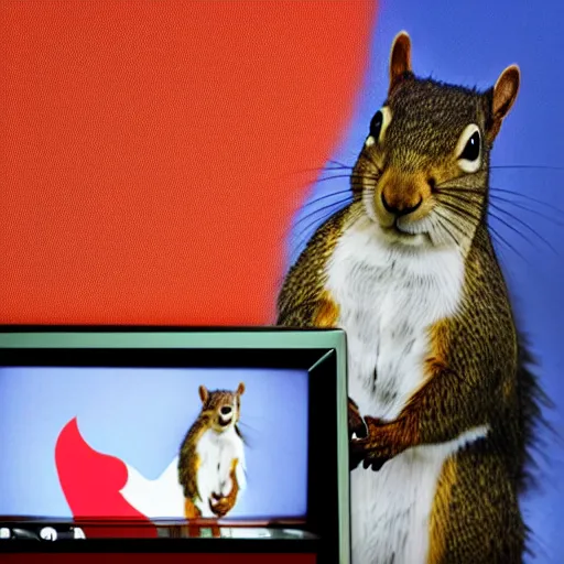 Prompt: a squirrel discusses international affairs, wearing a suit, on the evening news, realistic television still