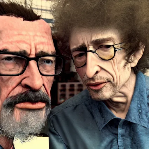 Image similar to gordon freeman and bob dylan taking a selfie together, realistic, hyperrealistic, ultra realistic, real, real world, highly detailed, very detailed, extremely detailed, intricate details, 8 k resolution, hd quality, selfie, low quality, blurry