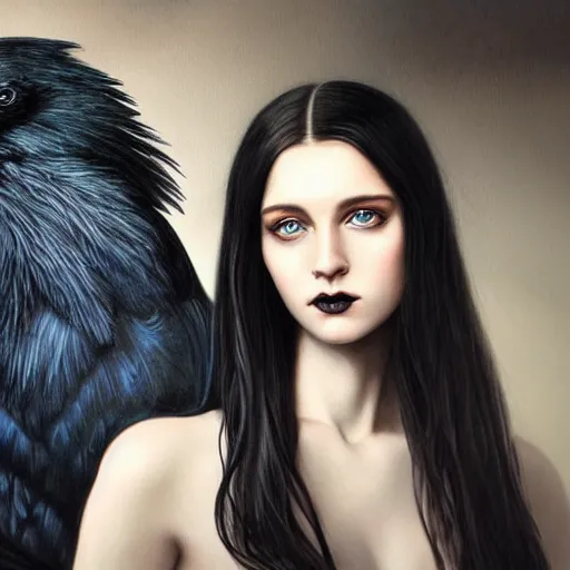 Image similar to full body portrait of a girl with blue eyes, gentle face, smiling softly, long dark hair, intricate detailed goth dress, next to a beautiful raven, highly detailed, deep focus, elegant, digital painting, smooth, sharp focus, golden ratio, illustration, ultra realistic, 8 k, art by artgerm and caravaggio
