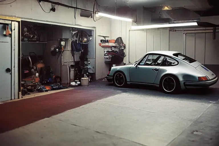 Image similar to a single 1 4 8 0 porsche 9 1 1, inside of a tokyo garage, ektachrome photograph, volumetric lighting, f 8 aperture, cinematic eastman 5 3 8 4 film