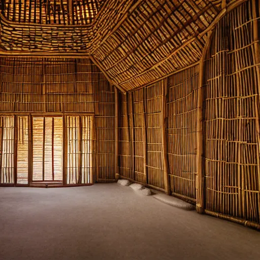 Image similar to interior of a bamboo palace, architectural photography