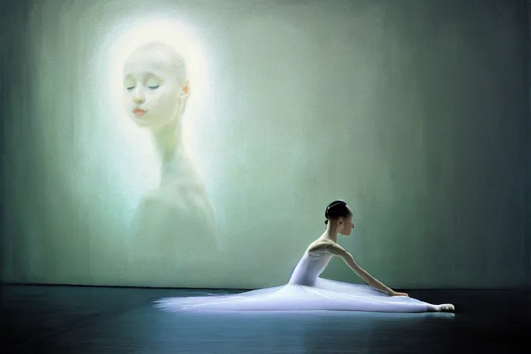 Image similar to hyperrealistica young beautiful ballerina in lush white and light white dress sits on the floor before the performance, in the style of beksinski, solarpunk, atmospheric, clean, intricate and epic composition, green by caravaggio, insanely quality, highly detailed, masterpiece, blue light, artstation, 4 k