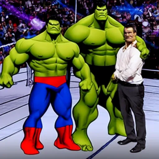 Image similar to supermen and hulk at WWE smacking down Vince McMahon