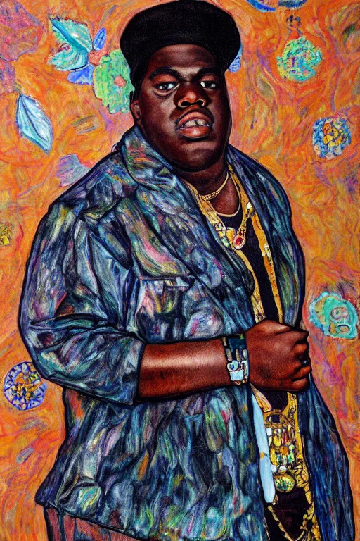 Image similar to a full body!! portrait of biggie smalls wearing boho - chic style clothes, with a fur muffler and feathers, realistic painting in egon schiele style, masterpiece, hyperdetailed, complex, intricate, 4 k, hyperrealistic, trending on artstation