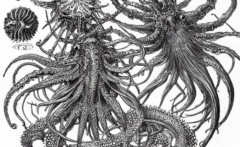 Image similar to monster character design, fantasy. intricate jellyfish crab eagle lizard biomechanical. by ernst haeckel