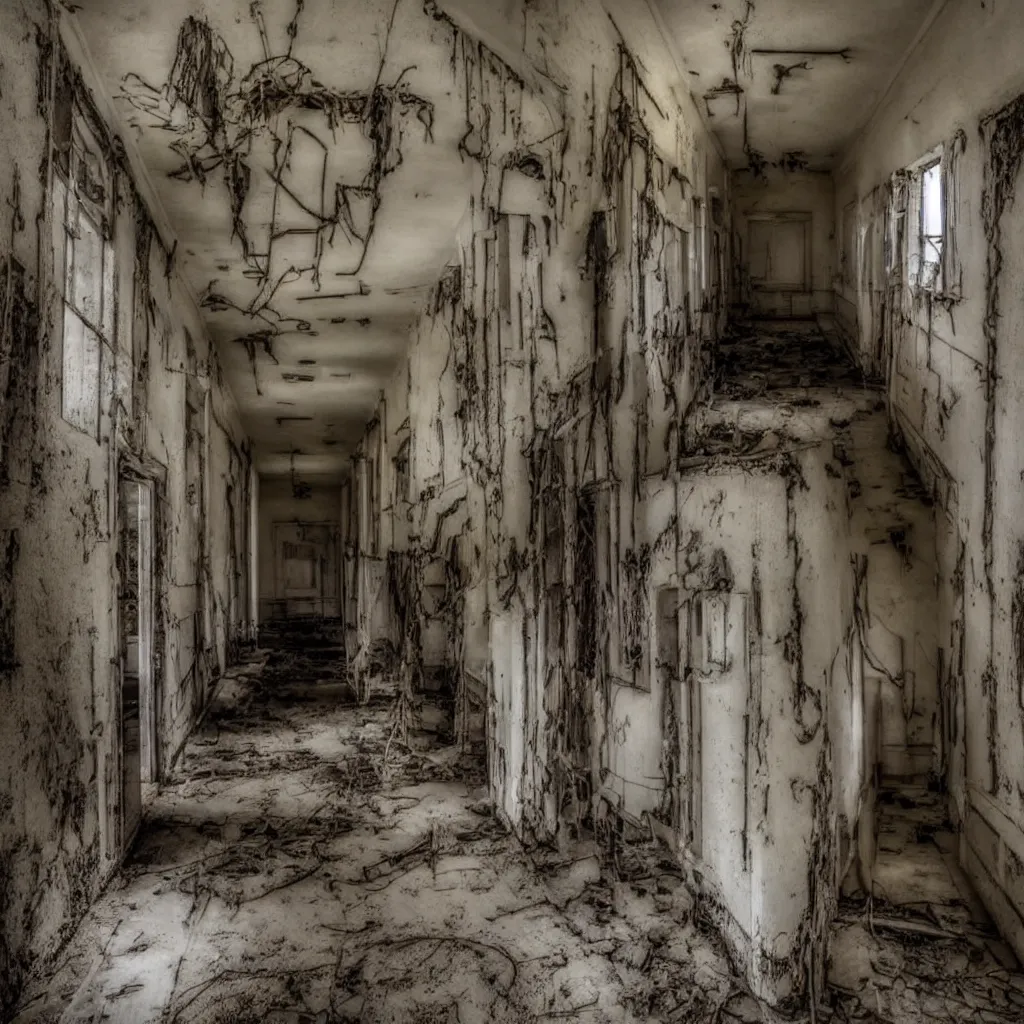 Image similar to exploring the inside of a haunted asylum, creepy, shadows, webs