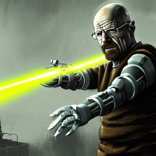 Image similar to Walter White firing lasers from his cybernetic battle armor, highly detailed, centered, concept art, 4k