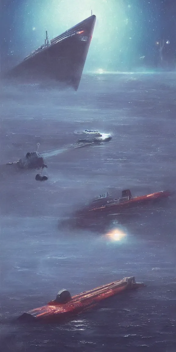 Prompt: starship titanic, deep space, sci - fi concept art, by john harris, by simon stalenhag, stunning, by vincent di fate, award winning