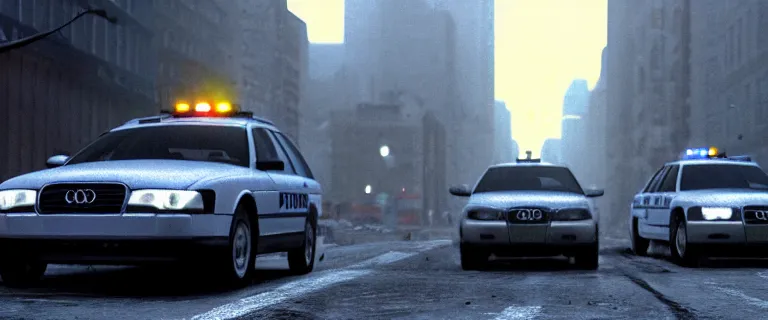 Prompt: NYPD cop cars chasing a Audi A4 B6 Avant (2002), a gritty neo-noir, dramatic lighting, cinematic, establishing shot, extremely high detail, photorealistic, cinematic lighting, artstation, by simon stalenhag, Max Payne (PC) (2001) winter new york, eldritch horror, police car chase