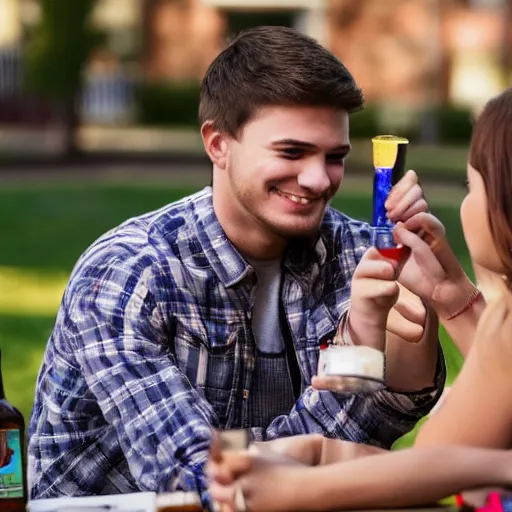 Prompt: very nervous male college student on his first date with a very attractive female at college shotgunning a beer on his birthday, in real life, hyper realistic, realistic, great detail, very very detailed, detailed, 8 k, 4 k uhd