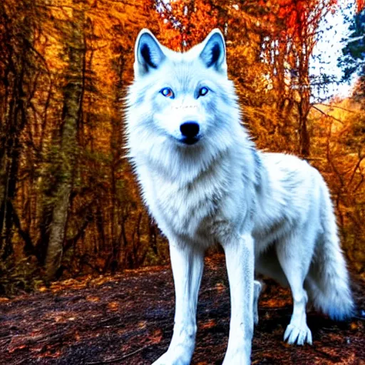 Image similar to white wolf with blue eyes stands in a dormant autumn forest, no yellow color in eyes, no yellow color, realistic