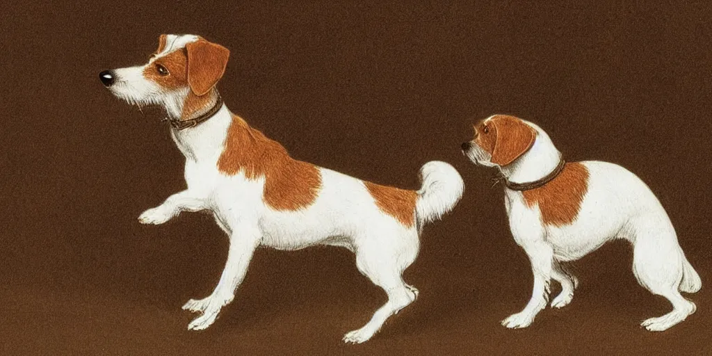 Image similar to jack russel dog, highly detailed, side view, howling, illustrated by peggy fortnum and beatrix potter and sir john tenniel