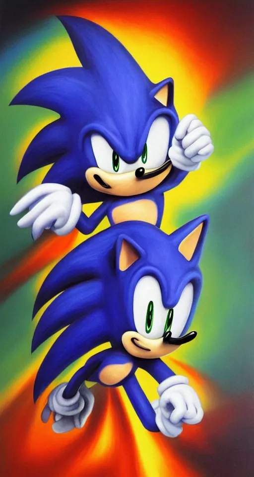 Image similar to sonic the hedgehog portrait painting, chiaroscuro, oil paints on canvas