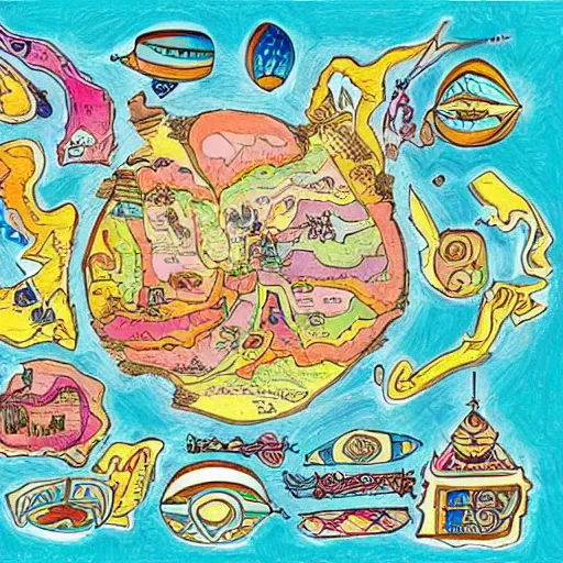 Prompt: a detailed drawing of a colorful ancient map in a cartoon