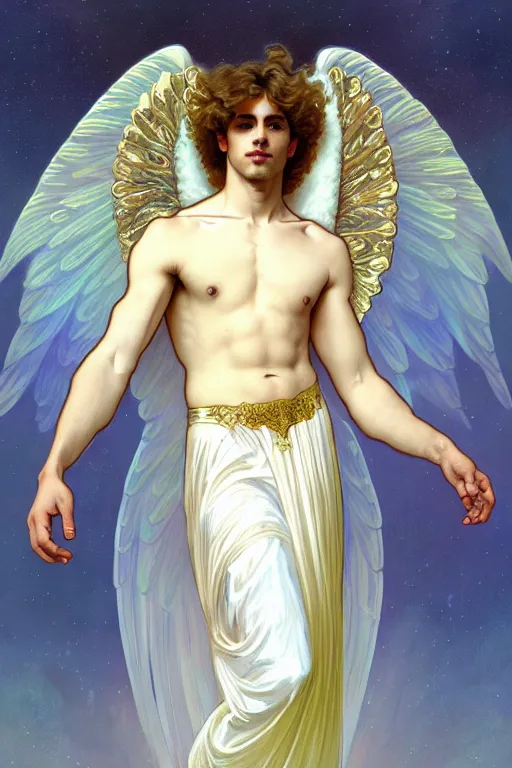 Prompt: fullbody portrait of a beautiful young fit male angel with curly blond hairs, soft smile, closed eyes, blessing palms, dressed in long fluent skirt, majestic symmetrical eagle wings, luminous halo, by greg rutkowski and alphonse mucha, gradient white to gold, in front of an iridescent background, highly detailed portrait, digital painting, smooth, focus illustration