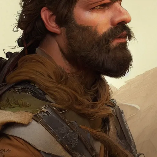 Prompt: portrait of a rugged bearded male ranger, D&D, fantasy, intricate, elegant, highly detailed, digital painting, artstation, concept art, smooth, sharp focus, illustration, art by artgerm and greg rutkowski and alphonse mucha