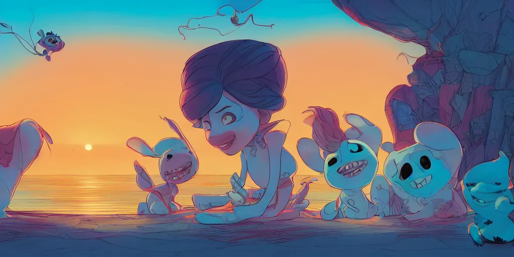 Prompt: Sunrise Stitch by the ocean by Cory Loftis, Chris Sanders, Lilo and Stitch