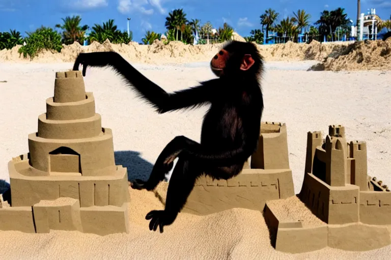 Image similar to a monkey touching a completed sand castle