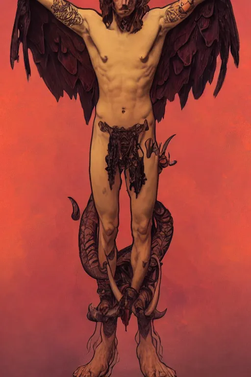 Prompt: full portrait of a beautiful young fit male demon with ram horns, winged body covered in occult tatoos, flaming scene, by greg rutkowski and alphonse mucha, d & d character, gradient red to yellow, in front of an hellish landscape background, highly detailed portrait, digital painting, artstation, concept art, smooth, sharp focus ilustration, artstation hq