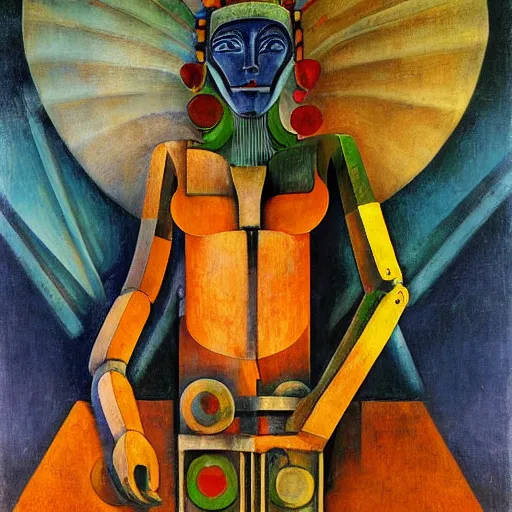 Image similar to portrait of a robot shaman, by annie swynnerton and edward hopper and diego rivera and rufino tamayo and jean delville and evelyn de morgan, art deco shaman, stylized geometric flowers, art brut, outsider art, symbolist, dramatic lighting, god rays, clean crisp graphics, smooth sharp focus, extremely detailed, adolf wolfli