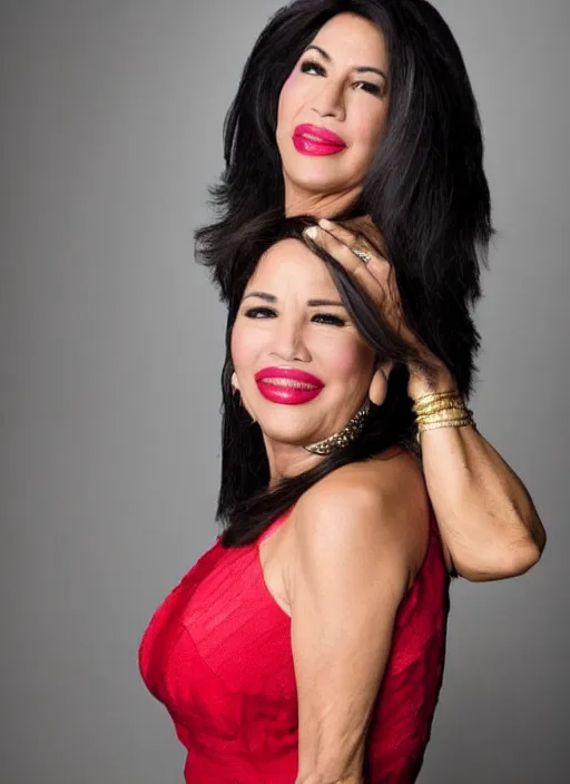 Prompt: dslr photo portrait still of 5 1 year old age 5 1 selena quintanilla at age 5 1!!!, 8 5 mm f 1. 8, studio lighting, vogue